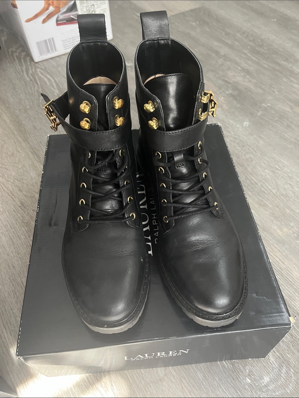 Ralph Lauren Black Leather Lace-Up Combat Boots with Gold Buckle Accents